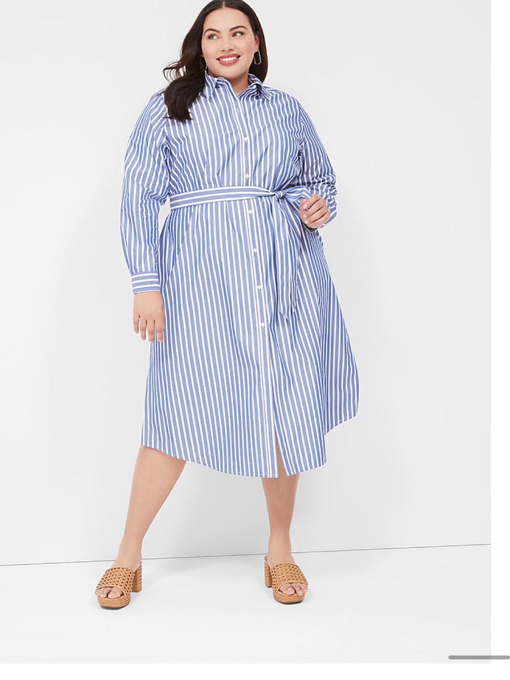 Lane Bryant Long-Sleeve Belted Midi Shirt Dress Blue and White Striped size 16